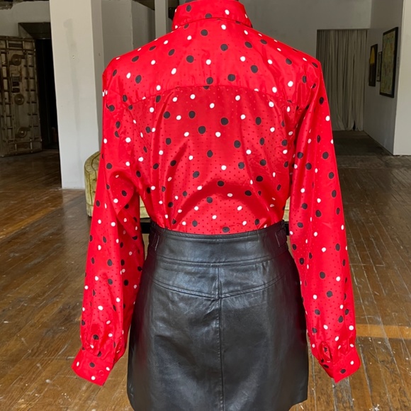 Red black-and-white silky button-down 90's top. - Picture 7 of 11